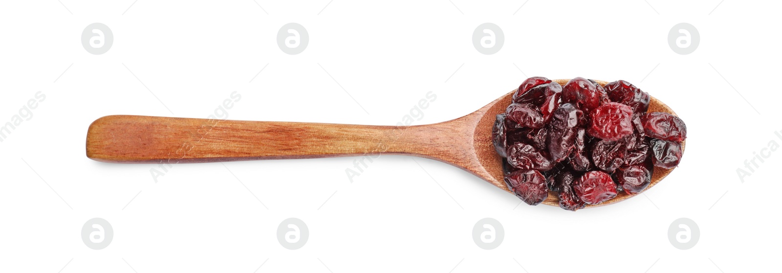 Photo of Spoon with dried cranberries isolated on white, top view