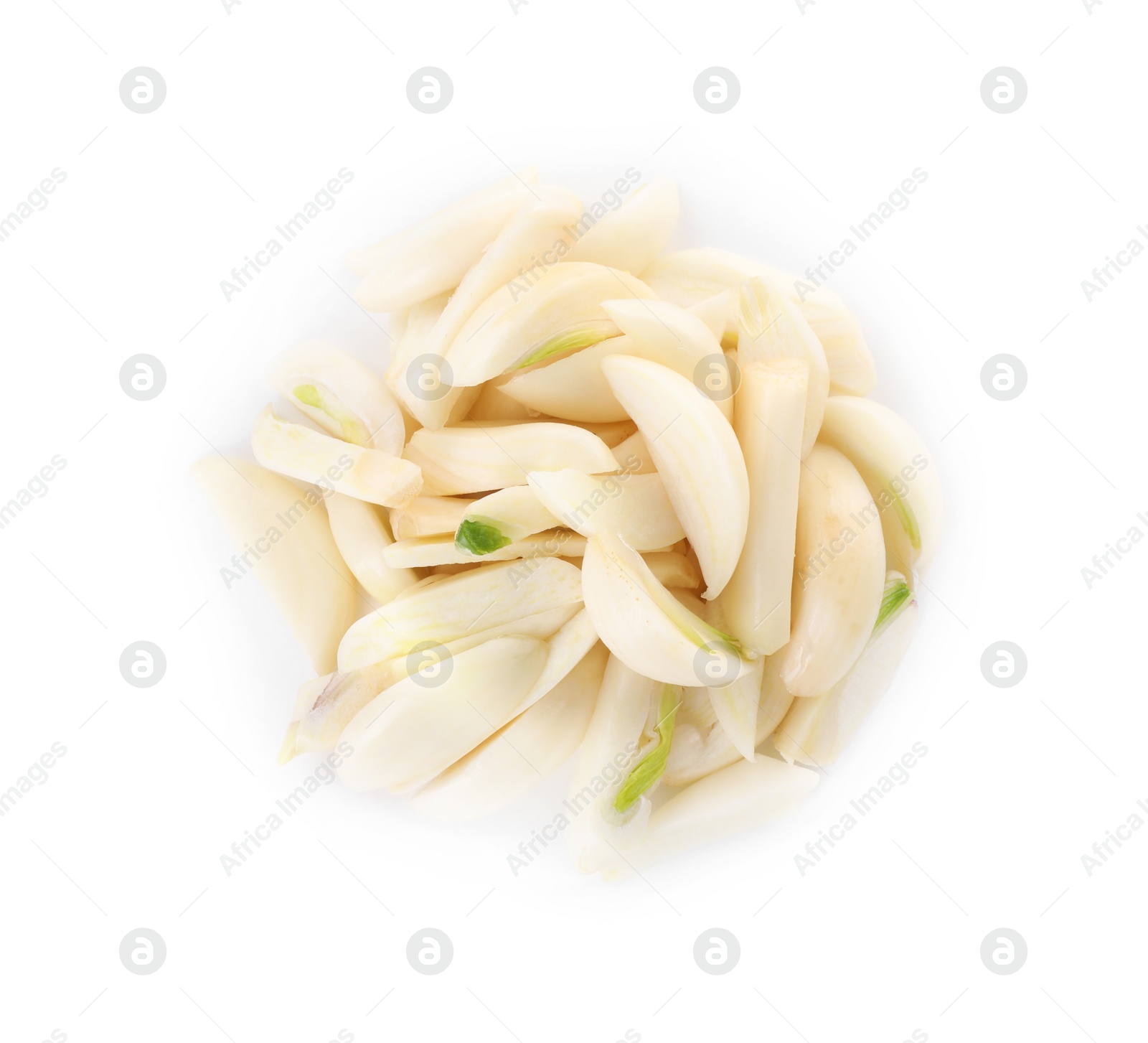 Photo of Peeled cloves of fresh garlic isolated on white, top view