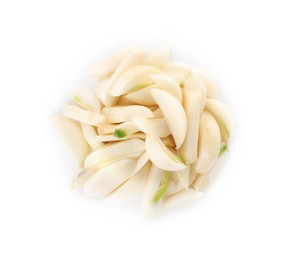 Peeled cloves of fresh garlic isolated on white, top view