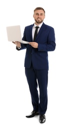 Happy young businessman holding laptop on white background