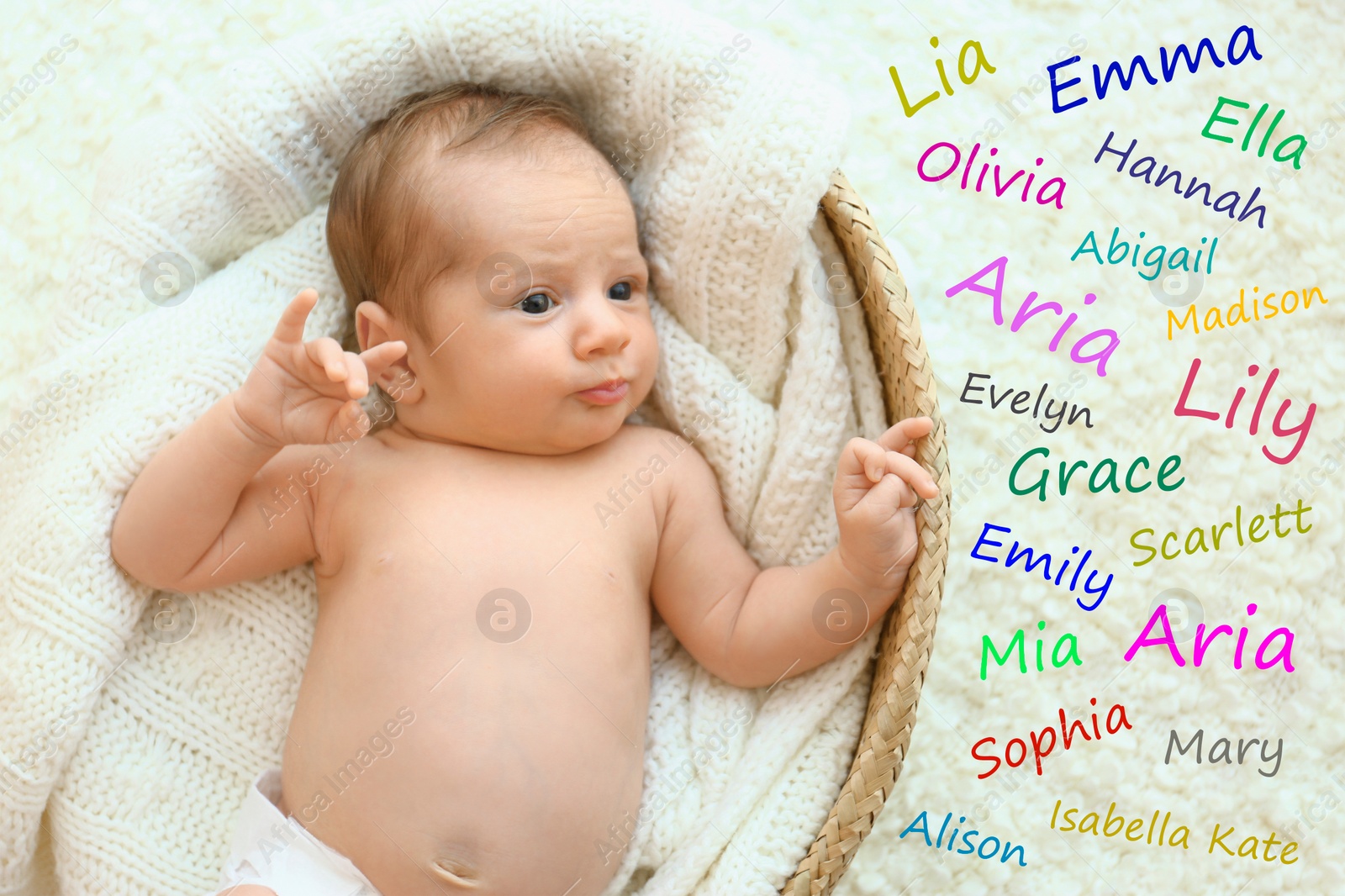 Image of Choosing name for baby girl. Adorable newborn in cradle, view from above