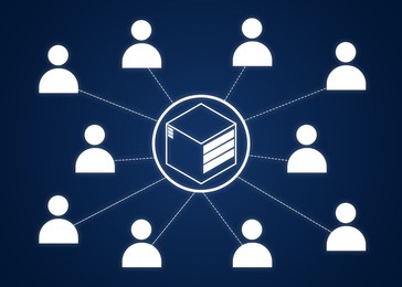 Illustration of Human icons connected with server on dark blue background, illustration. Multi-user system