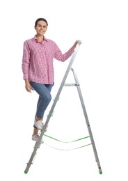 Photo of Young woman climbing up metal ladder on white background