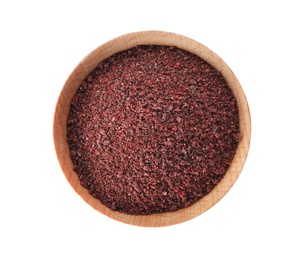 Photo of Bowl with sumac on white background, top view. Different spices