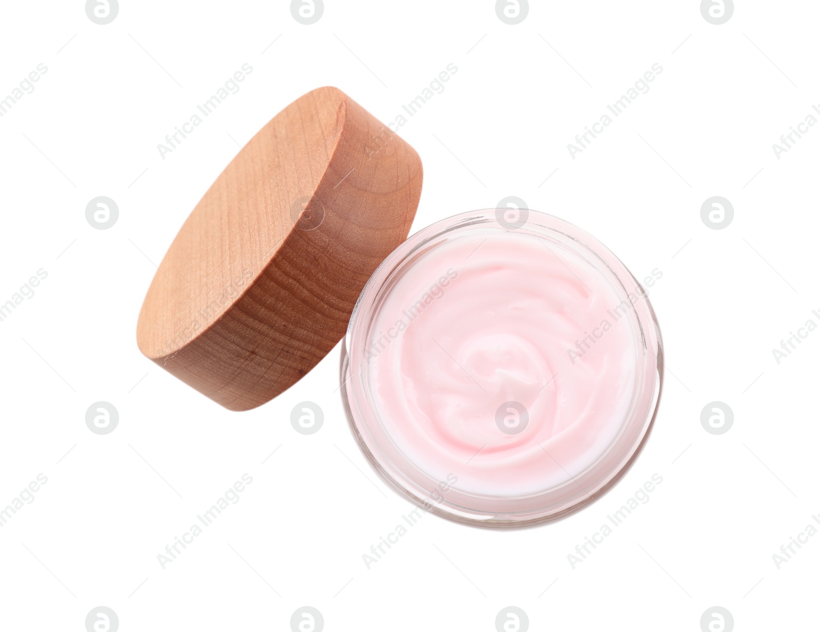 Photo of Jar of hand cream on white background, top view