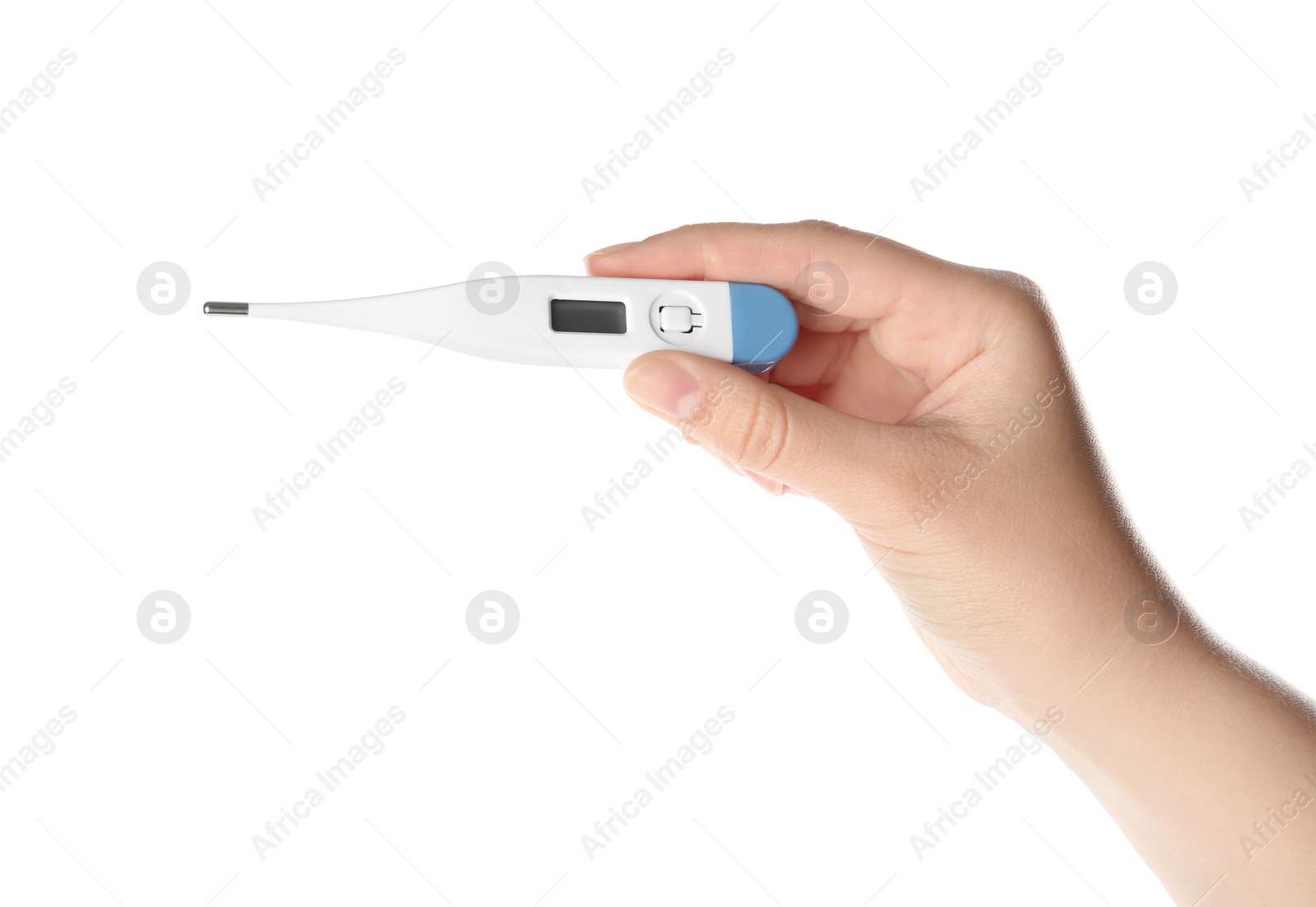 Photo of Woman holding digital thermometer on white background, closeup