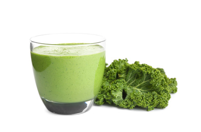 Photo of Tasty fresh kale smoothie isolated on white