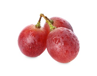 Photo of Delicious ripe red grapes with water drops isolated on white