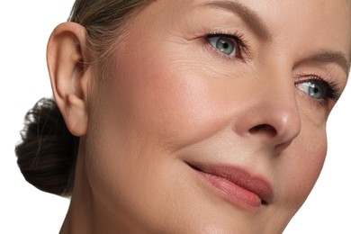 Photo of Beautiful mature woman with healthy skin on white background, closeup