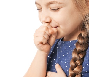 Photo of Little girl coughing on white background