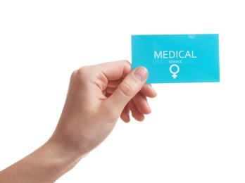 Photo of Girl holding medical business card isolated on white, closeup. Women's health service