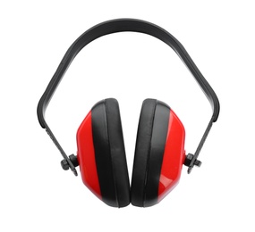 Photo of Protective headphones on white background. Construction tools