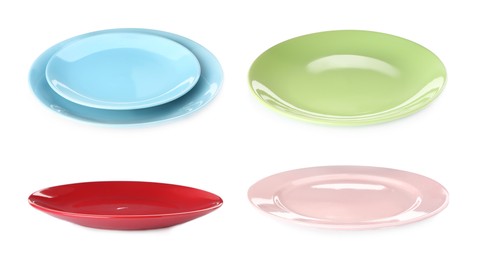 Image of Set with colorful ceramic plates on white background. Banner design