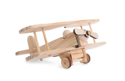 Photo of Wooden plane isolated on white. Child's toy