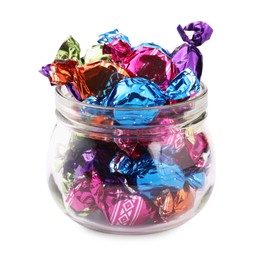 Photo of Glass jar with candies in colorful wrappers isolated on white