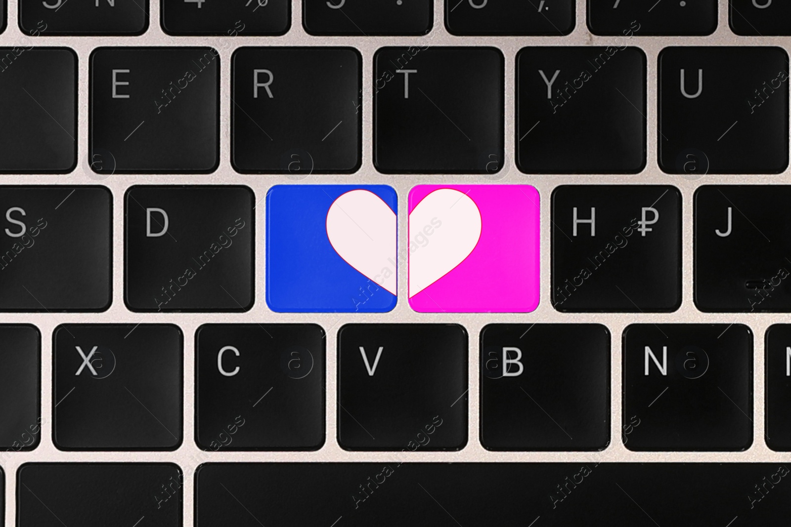 Image of Love buttons on laptop keyboard, top view. Online dating site