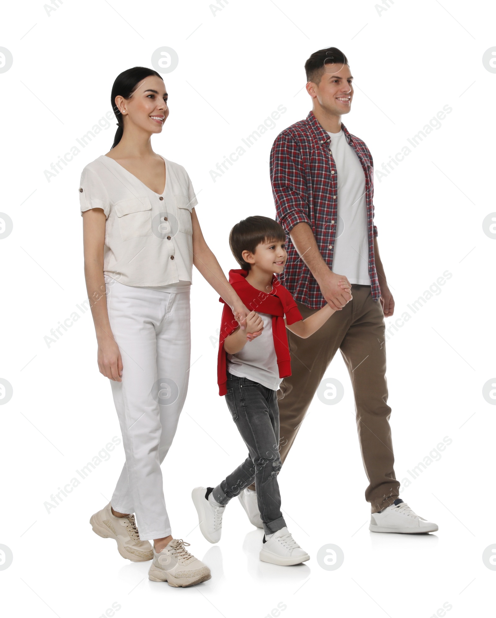 Photo of Little boy with his parents together on white background