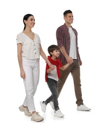 Photo of Little boy with his parents together on white background