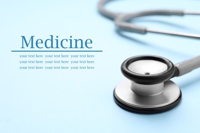 Image of Stethoscope on light blue background. Space for text