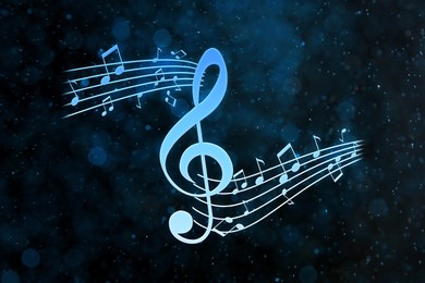 Image of Music notes on dark background, bokeh effect