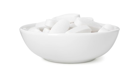 Photo of Vitamin pills in bowl isolated on white. Health supplement