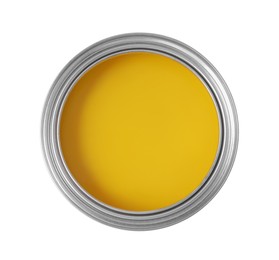 Photo of Can with yellow paint on white background, top view