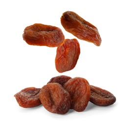 Image of Tasty dried apricots falling on white background