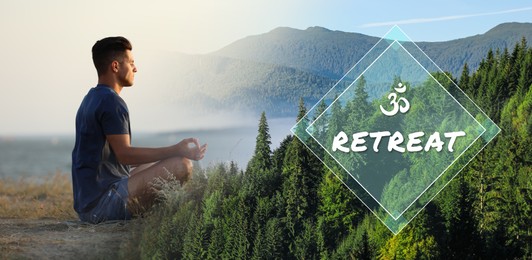 Image of Wellness retreat. Double exposure with man meditating outdoors and mountain landscape, banner design. Om ligature