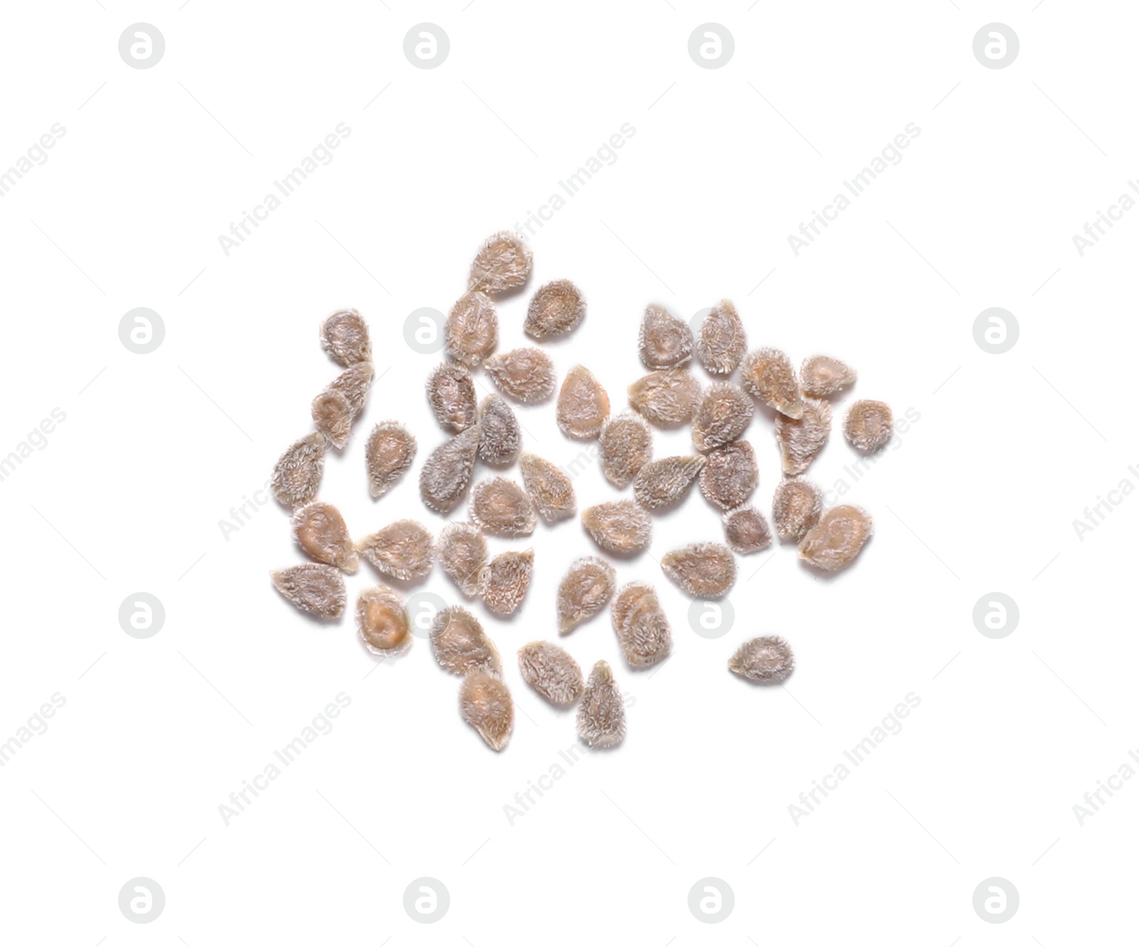 Photo of Pile of tomato seeds on white background, top view