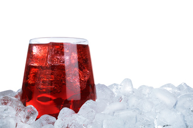 Photo of Ice cubes and delicious cocktail on white background