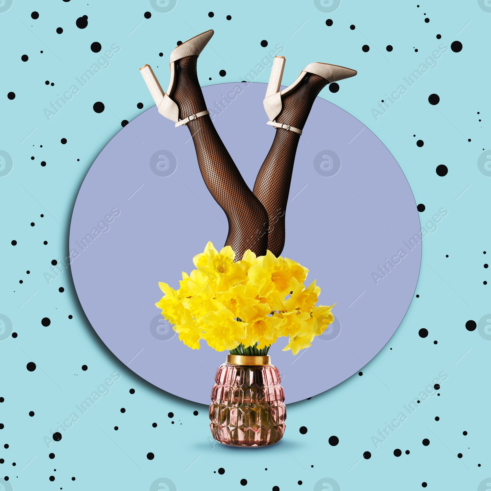 Creative art collage about femininity, style and fashion. Woman sticking out of vase with vibrant yellow daffodils on bright background Image of Creative art collage about femininity, style and fashion. Woman sticking out of vase with vibrant yellow daffodils on bright background