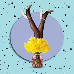 Image of Creative art collage about femininity, style and fashion. Woman sticking out of vase with vibrant yellow daffodils on bright background