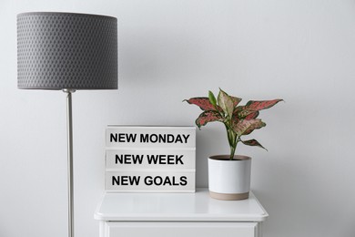Image of New Monday, New Week, New Goals - motivational quote. Houseplant and lightbox with has text on table indoors
