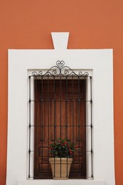 Orange building with wooden window and potted plant on windowsill outdoors