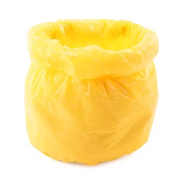Photo of Yellow plastic garbage bag isolated on white
