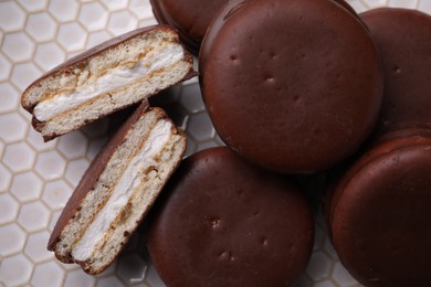 Photo of Tasty choco pies, top view. Snack cakes