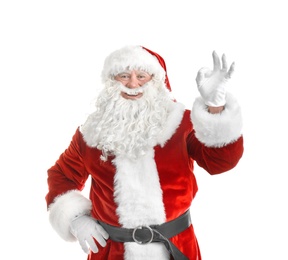 Photo of Portrait of authentic Santa Claus on white background