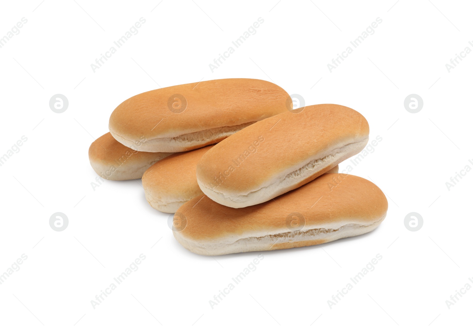 Photo of Tasty fresh buns for hot dogs on white background