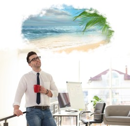 Image of Young man dreaming about vacation in office