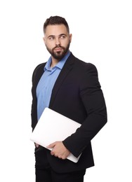 Photo of Portrait of serious man with laptop on white background. Lawyer, businessman, accountant or manager