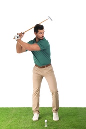 Photo of Young man playing golf on white background