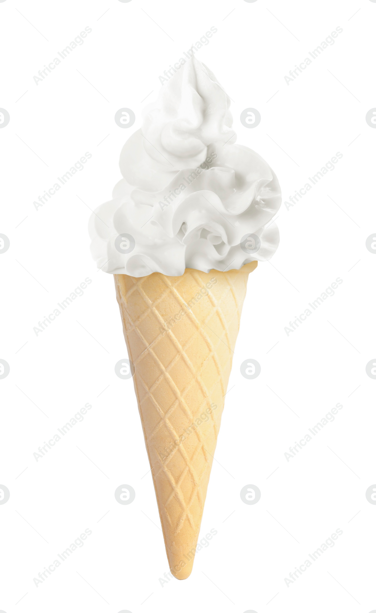 Image of Tasty ice cream in waffle cone isolated on white. Soft serve