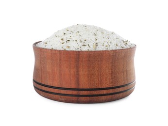 Photo of Natural herb salt in wooden bowl isolated on white