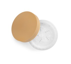 Photo of Rice face powder isolated on white, top view. Natural cosmetic