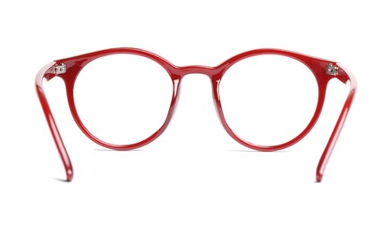 Photo of Stylish glasses with red frame isolated on white