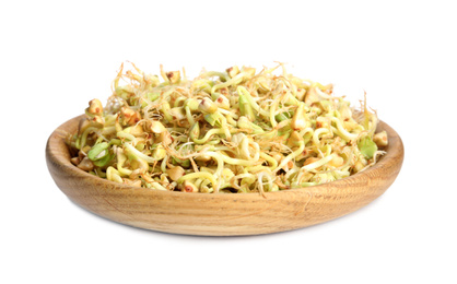 Photo of Wooden plate of sprouted green buckwheat isolated on white