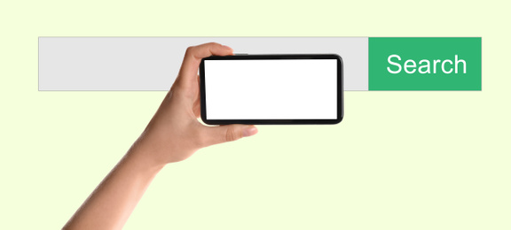 Image of Search bar of internet browser and woman using smartphone, closeup. Space for text 