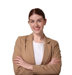 Photo of Portrait of smiling businesswoman with crossed arms on white background