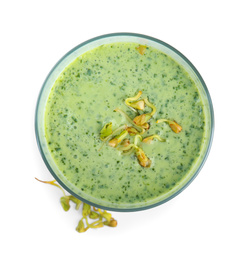 Photo of Glass with green buckwheat smoothie isolated on white, top view