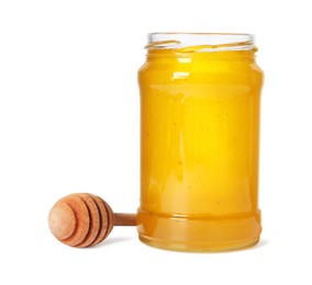 Photo of Tasty natural honey in glass jar and dipper isolated on white